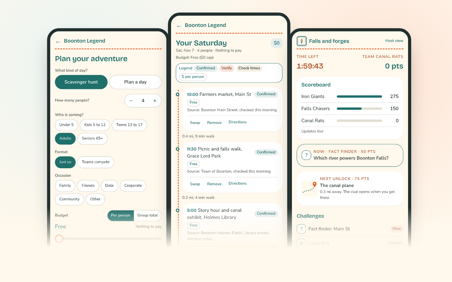 Three phone screens from Legends.town: the Setup screen with group, budget and distance choices, a Saturday day plan with sourced stops, and a scavenger hunt board with a live scoreboard.